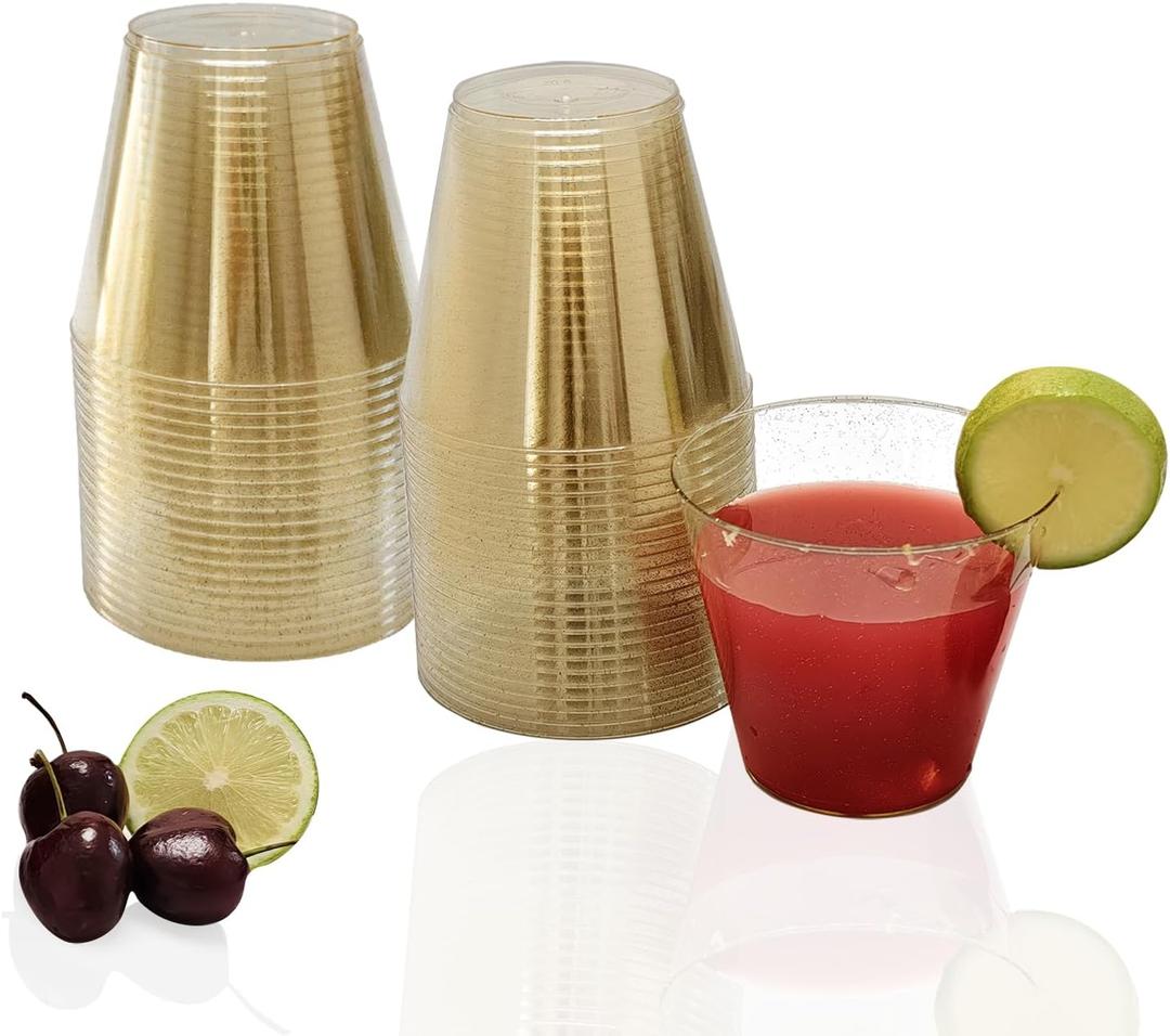 50 Pack Plastic Cups, 9 oz Glitter Disposable Gold Cups, Clear Plastic Tumblers and Clear Party Cup for Weddings, Birthday,Thanksgiving, Christmas,etc.