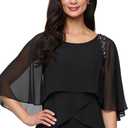 S.L. Fashions Women's Tiered Chiffon Cocktail Party Dress with Attached Cape & Beaded Shoulders (Petite and Regular Sizes), Black, 12P