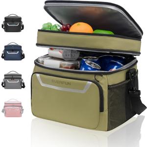 EVERFUN Small Cooler Lunch Box Mini Leak-Proof Soft Double Deck 24 Can Personal Insulated Collapsible Portable Waterproof Lunch Bag Ice Chest for Men Women Work Travel Car Picnic Beach (Medium Size, Green Moss)