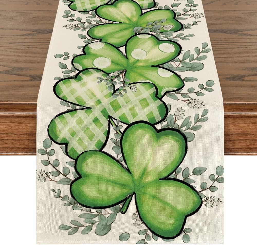 Artoid Mode Clover Shamrocks Eucalyptus Buffalo Plaid St.Patrick's Day Table Runner, Seasonal Kitchen Dining Table Runner for Home Party Decor 13x72 Inch (Green)