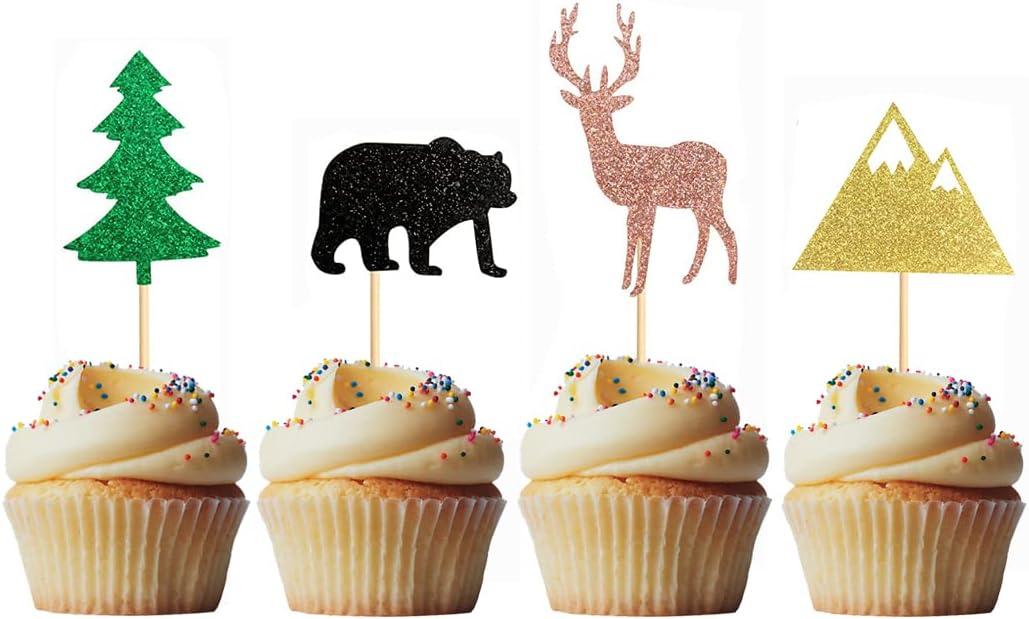 Morndew 24 PCS Woodland Creatures Cupcake Toppers with Cute Forest Animals Bear Deer Tree Mountain Bives for Forest Animals Theme Party Kids Birthday Party Baby Shower Wedding Party Decorations
