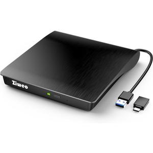 Ziweo External CD DVD Drive, Portable USB 3.0 Type-C CD Burner CD +/-RW Drive DVD Player for ROM Rewriter Burner Compatible with Laptop Desktop PC Windows MacBook Linux Mac OS