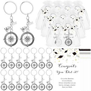 Ferreve 30 Sets 2026 Commencement Gifts Bulk Inspirational Compass Keychain with Cap Charm and Congratulations Cards Farewell Organza Bag for Men Women Alumni Party Favors