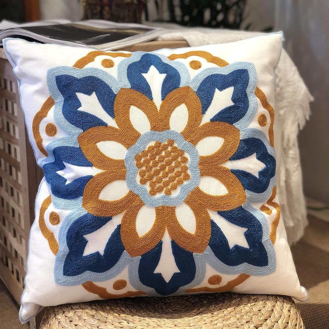 Outdoor Embroidered Floral Throw Pillow Covers 18x18 Inch, Cotton Canvas, Boho Chic Cushion Cases for Patio, Garden & Balcony (Sunflower)