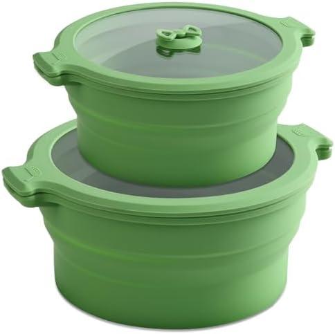 Collapsible Silicone Microwave Cookware Cooker Steamer for Cooking with Lids, 0.8L and 1.4L Glass Food Storage Container Sealed Bowl Mixing Bowls 2pc Set BPA Free
