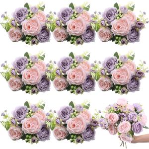8 Bundles Artificial Peonies Flowers Boho Faux Flowers Arrangements Artificial Centerpiece Spring Bouquet Floral Wedding Decoration for Vase, (Pink, Purple)