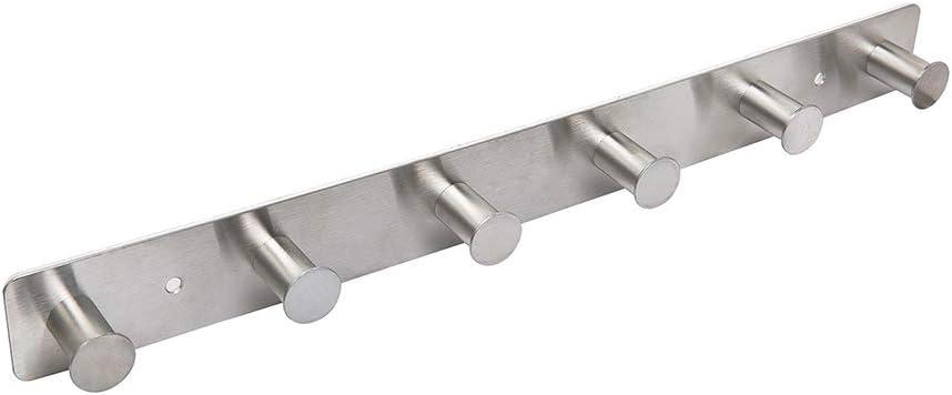 Coat Rack Wall Mounted Adhesive & Screw in, Stainless Steel Metal Coat Hooks for Door, Hook Rail with 6 Round Hangers for Hanging Hat Towels Clothes, Silver