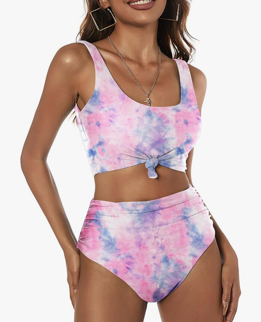 ZAFUL Women's High Waisted Tankini Swimsuit Scoop Neck Ruched Bikini Set Tummy Control 2 Piece Bathing Suit, Small