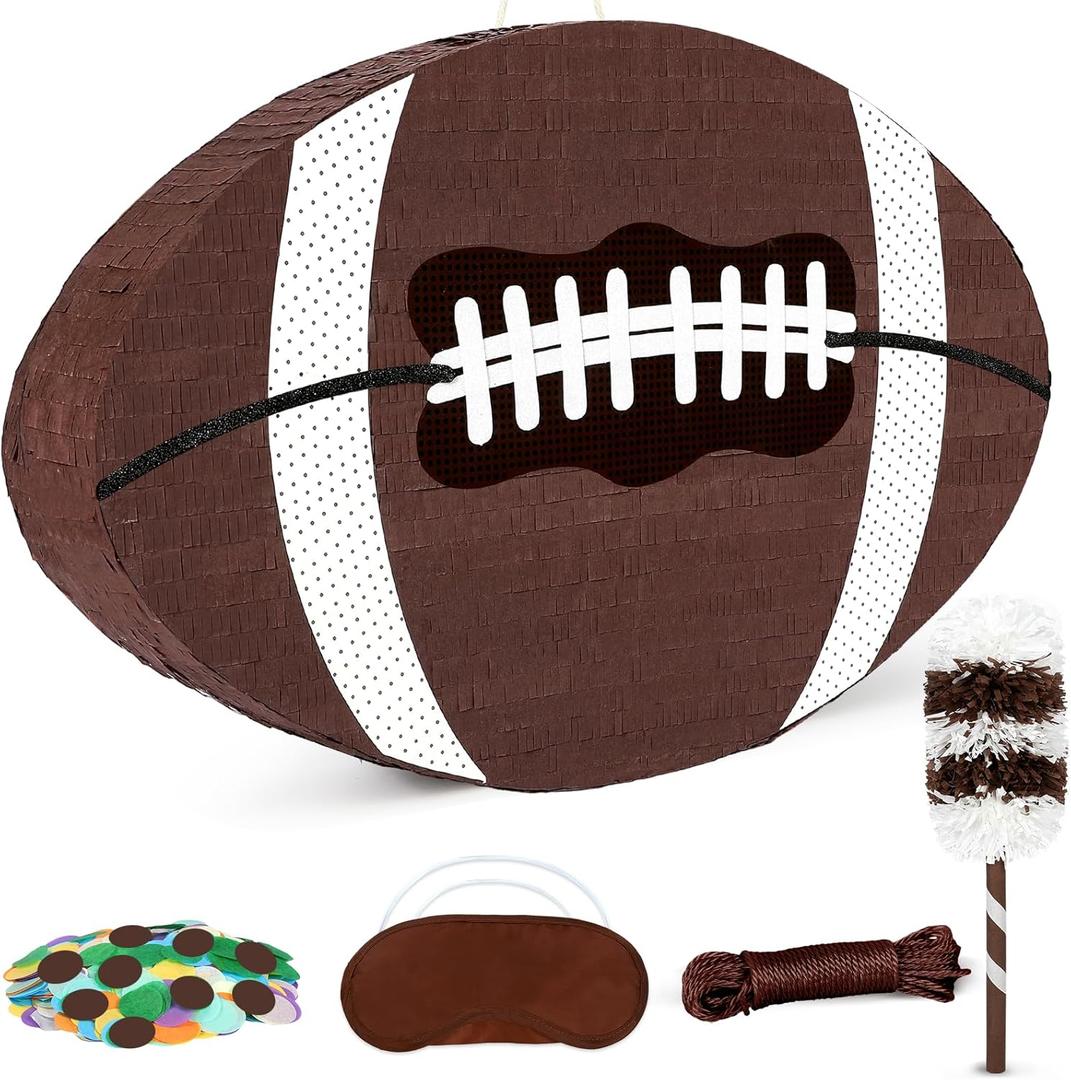 25" Football Pinata for Birthday Party, Sports Themed Party Decorations with Stick & Blindfold, Small American Football Pinata for Kids Boys, Fillable Paper Mache Centerpiece for Game Day Event Favors
