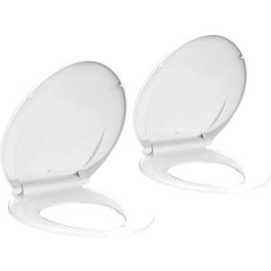 2-Pack Elongated Slow Close Toilet Seats, White Polypropylene (PP) Covers with Never Loosen Feature, Quiet Design for Easy Installation and Cleaning