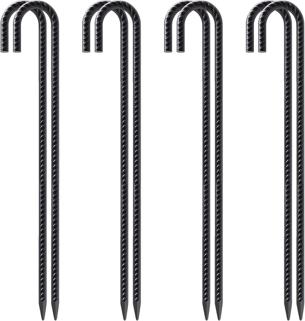 VVOKGO 24 Inch Rebar Stakes Heavy Duty J Hook Ground Anchors, 3/8 Inch Diameter Curved Steel Plant Support Garden Stake with Chisel Point end, Hammer Through for Camping Tent - Black Coated (8) (08Pcs-Black, J-24 Inch-3/8")