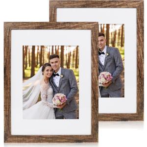 11x14 Picture Frame Set of 2, Made of Real Glass and Rustic Brown Wooden Frame, Display 8x10 Pictures with Mat or 11 x 14 Posters without Mat for Wall Mounting, Gallery Photo Frames