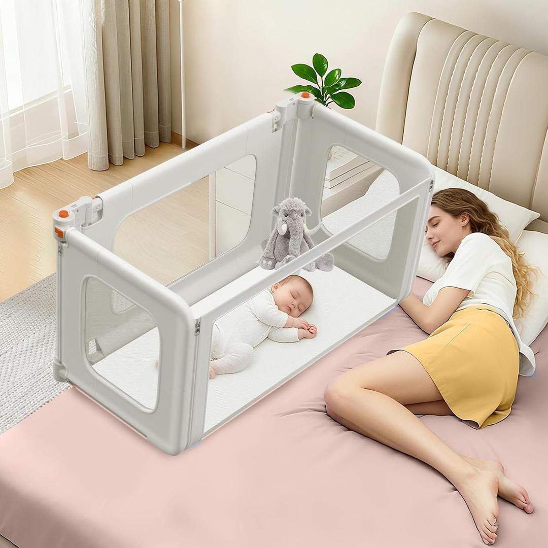 3 in 1 Bedside Bassinet, 69.26" x 19.29" Baby Bassinets Bedside Sleeper with Mosquito Net + Storage Bag + Child Lock, Baby Crib & Toddler Bed Rails for Twin, Full, Queen, King Size, Gray (Grey)