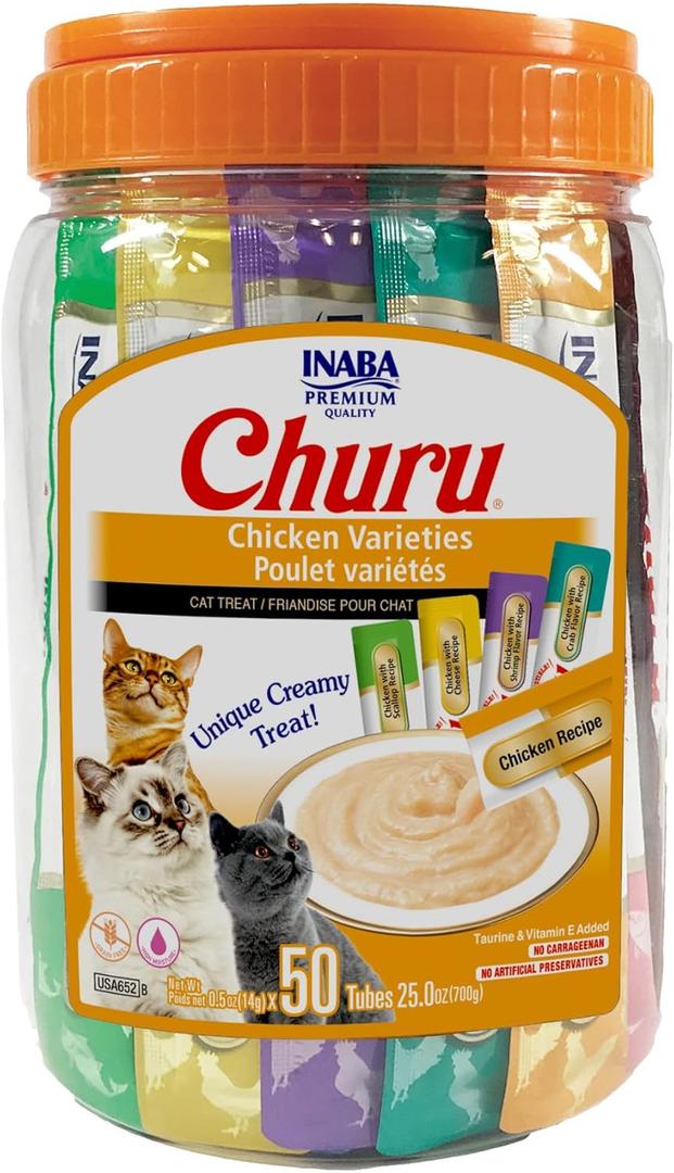 INABA Churu Cat Treats, Grain-Free, Lickable, Squeezable Creamy Pure Cat Treat/Topper with Vitamin E & Taurine, 0.5 Ounces Each Tube, 50 Tubes, Chicken Variety, Best By: 10.15.2025