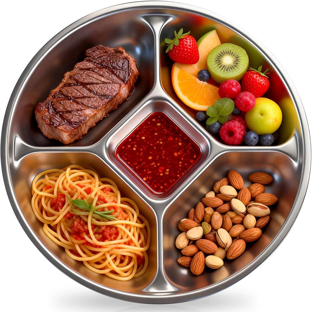 5 Compartments 8.5'' Stainless Steel Divided Plates for adults, Metal Dinner Plate Tray for Toddler/kids, Lightweight Reusable Dinnerware Portion Control-1pack
