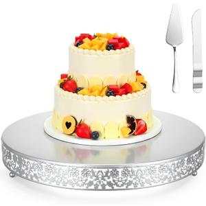 18 Inch Silver Cake Stand Set Metal Round Cupcake Dessert Stand with Cake Cutting, Flower Spatula Wedding Cupcake Pastry Display Candy Holder Display for Wedding Party Birthday Baby Shower