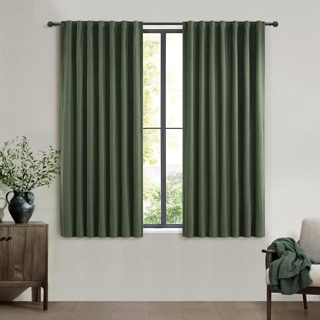 Living Room Green Black Out Curtains 63 Inch Long 2 Panels Set, Thermal Insulated Heat Blocking Curtain for 62-64 Inch Window Vintage Drapes for Bedroom Hooks&Rings&Back Tab (50W x 63L) (Loden)