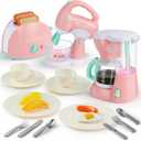 Joyin Play Kitchen Toys, Pretend Play Food Kitchen Accessories GirlsToy with Coffee Maker, Mixer, Toaster with Realistic Lights& Sounds, Birthday Gift for Kids Ages 2 3 4 5, Pink
