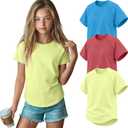 3 Pack Girls' Short Sleeve T-Shirts Loose Fit Crew Neck Tops Raglan Curve Hem Shirts Casual Kids Basic Tees 5-14Y (Red)