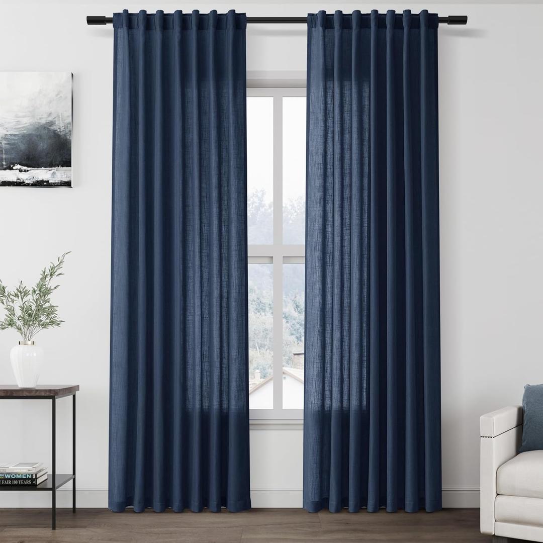 Denim Blue Linen Curtains 84 Inch Length 2 Panels Set for Living Room Rod Pocket Back Tab Light Filtering Window Drapes for Bedroom Dining Room Protect Privacy Country Farmhouse Decor 52x84