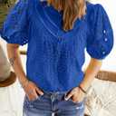 BETTE BOUTIK Women's Long Short Sleeve Tops 2025 Dressy Casual Button Hollow Out Lace Embroidered Blouses Shirts (Blue, XL)