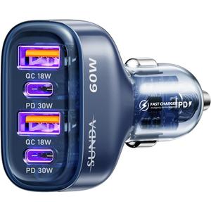 SUNDA 60W USB C Fast Car Charger, 4-Ports Car Charger Adapter, Dual Type C PD30W/PPS30W Compatible with iPhone17/16 Pro/Max/iPhone15/Galaxy/SamsungS25, Dual USB-A 18W QC3.0 for Android(Blue)