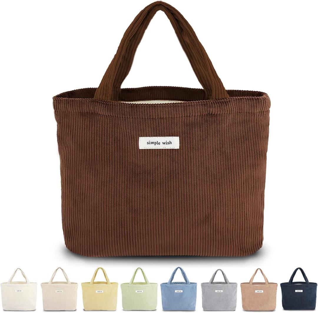 Sminra Corduroy Small Tote Bible Bag for Women, Mini Daily Handbag Cute Aesthetic for Book, Essential, Water Bottle Organizer (Coffee Brown)