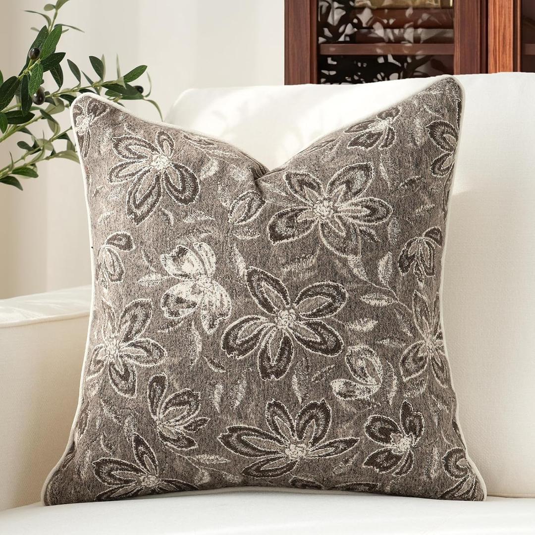 MATTINS Vintage Floral Throw Pillow Covers 18x18 Square, Decorative Farmhouse Pillow Cover, Soft Jacquard Chenille, Designer Neutral Boho Pillow Cover, Cocoa Brown, for Couch Sofa Bed, 1 Pack