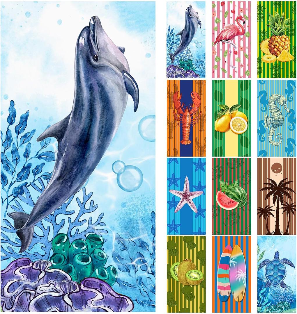 12 Pcs Oversized Microfiber Beach Towels Set 30 x 60 Extra Large Fiber Swim Pool Towel Absorbent Bath Blanket for Travel Vacation Accessories Gift Spa Soft Lightweight(Tropical)