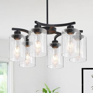 6-Light Modern Farmhouse Black Chandeliers for Dining Room,20.8" Kitchen Island Black Chandelier Over Table,Adjustable Height Hanging Pendant Lights,Clear Glass Shade Ceiling Light Fixture
