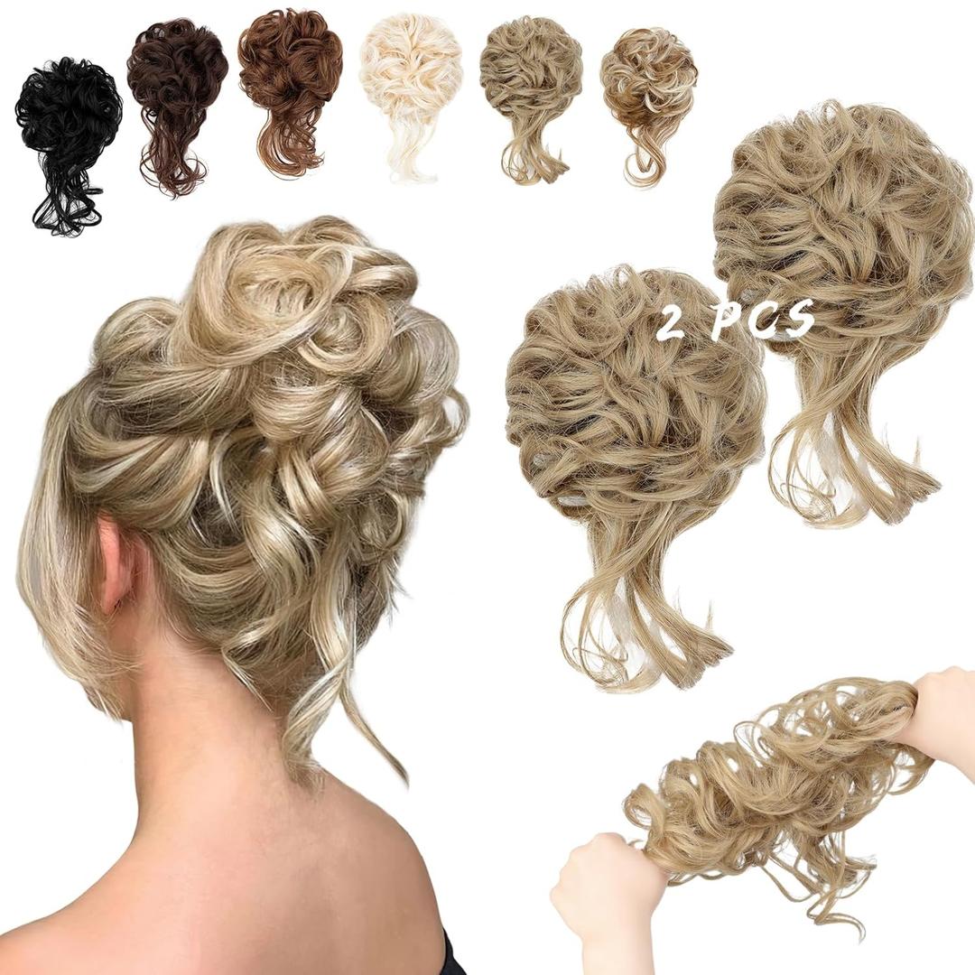 2PCS Messy Bun Hair Piece Tousled Updo with Tendrils Wavy Curly Hair Bun Scrunchies Ponytail Extension Elastic Band Hairpieces For Women (Ash Blonde)