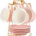 DUJUST Tea Cups and Saucers Set of 4 (8 OZ), Candy Pink Tea Cup Set with Golden Trim, Petal Edge Coffee Cups with Metal Stand, Simple Style Porcelain Tea Party Set - Pink