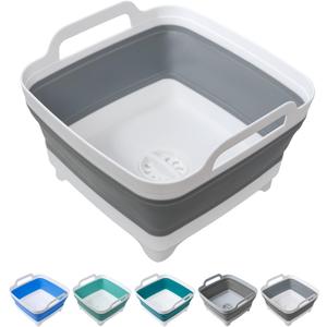 Dishpan for Washing Dishes, 2.4Gal/9L Wash Basin with Draining Plug Carry Handles, Collapsible Bucket for Cleaning, Portable Sink, Foldable Plastic Tub (1 x 9L, Gray)