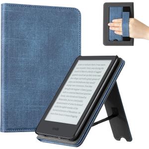 CoBak Case for 6" E-Reader - PU Leather Smart Cover with Auto Sleep/Wake & Hand Strap, not Compatible with Kobo Clara, Fabric Blue