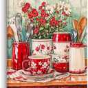 CCWORKERRY Retro Kitchen Wall Art Knife and Fork Picture Tableware Canvas Prints Red and White Flower Painting Farmhouse Restaurant Wall Decor Framed(Red,12L x 18W)