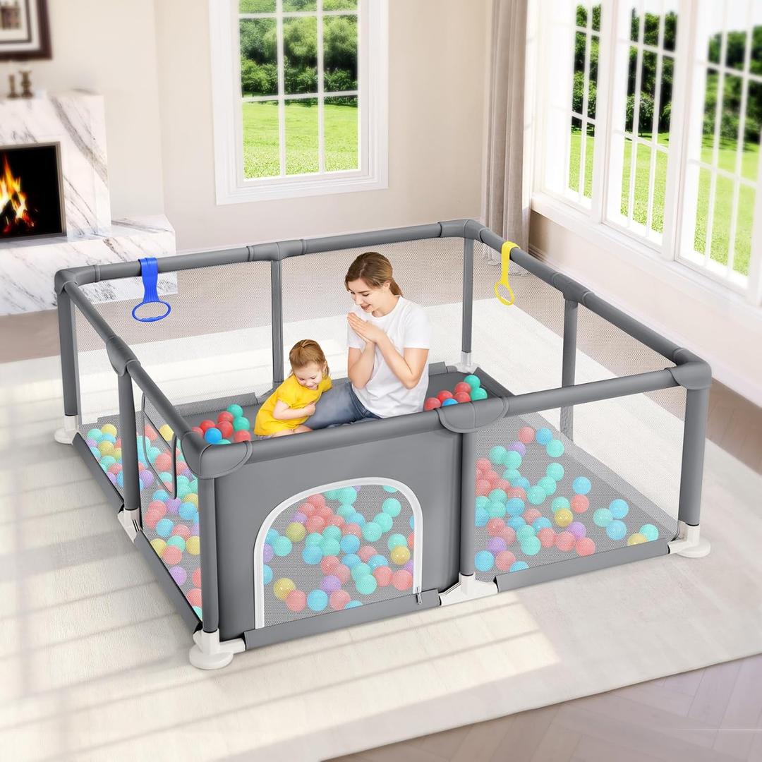 Dripex Baby Playpen, 47"x47" Small Playpen for Babies, Enhanced Safety Baby Play Yard for Indoor & Outdoor, Infant Play Pen with Soft Breathable Visible Mesh, Anti-Fall Design & Easy Setup, Grey