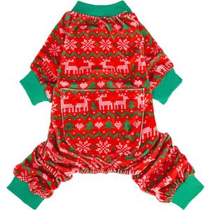 PUPTECK Soft Fleece Dog Pajamas for Small Medium Dogs, Dog Onesie Puppy Sweaters Clothes Jumpsuit Pjs, Cute Jammies Cat Coat Pet Costume Apparel, Red&Green L (Large(CHEST 20", BACK 14"))