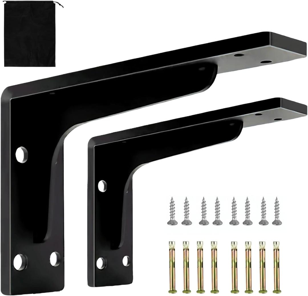 12"x6" Heavy Duty Shelf Brackets - 300lb Hidden Countertop Support L-Bracket for Granite/Quartz,1/5" Thick Shelf Brackets Industrial Metal Black (2 Pack)