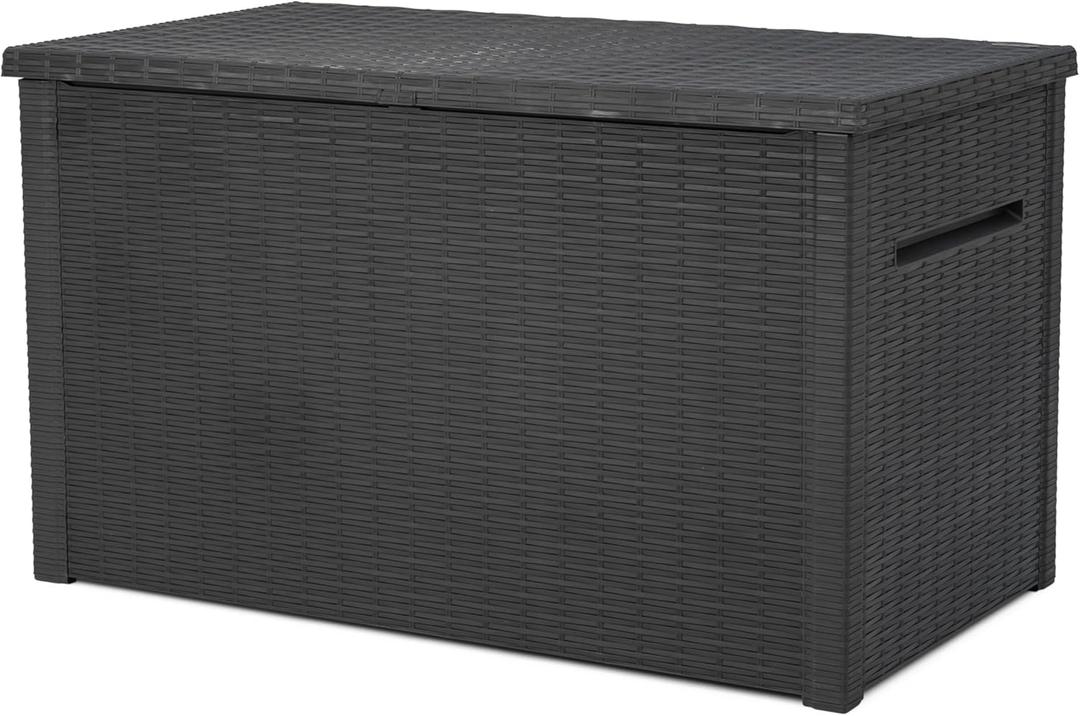 Keter Java XXL 230 Gallon Resin Rattan Look Large Outdoor Storage Deck Box for Patio Furniture Cushions, Pool Toys, and Garden Tools, Dark Grey