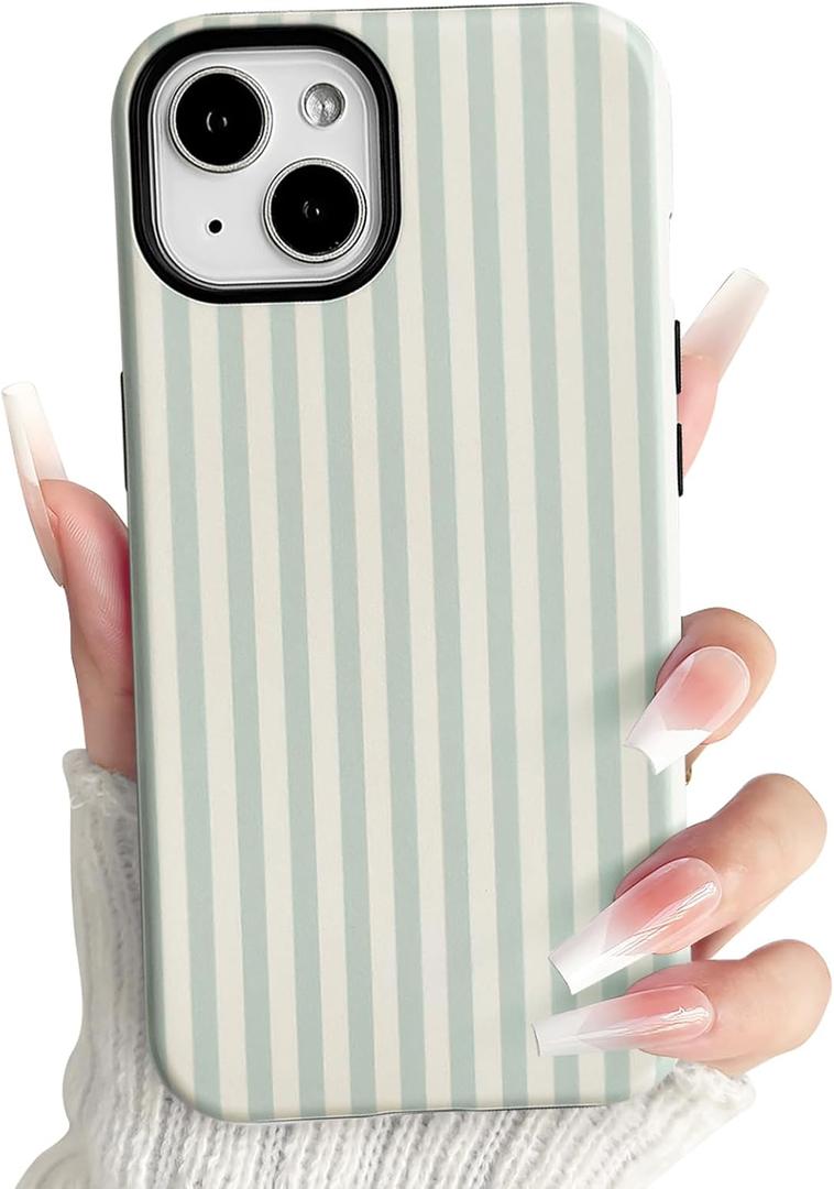 NITITOP Compatible with iPhone 15 Case Matte Cute Vertical Stripes for Women Girls Men Boy Striped Pattern Hybrid 2 Layers Back Shockproof Protective Cover - Green