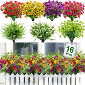 TURNMEON 16 Bundles 7 Styles Artificial Flowers for Outdoors Summer Decor, UV Resistant No Fade Outdoor Faux Plants Colorful Daisy Boston Fern Lavender Fake Flowers for Outside Indoor Gardens Home