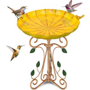 Vintage Metal Bird Bath for Outside, 13" Dia Birdbaths Bowl with Cast Iron Pedestal, Large Antique Bird Feeder with Folding Bracket for Outdoors Garden Patio Yard Decor (Retro Yellow)