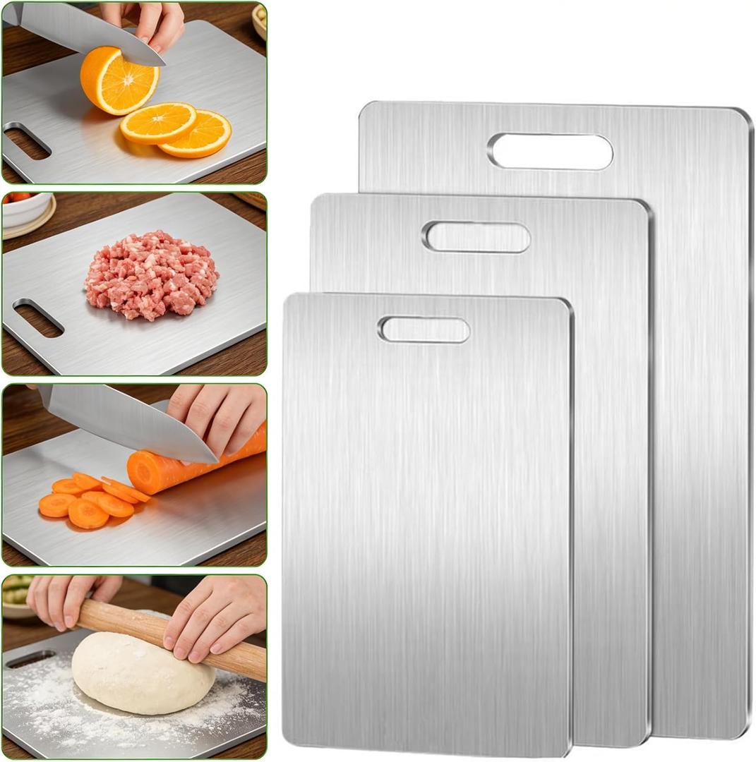 3 PCS Stainless Steel Board for Kitchen, Non-Staining&Odor-Free, Burr-Free Edges, Dishwasher Safe, Non Toxic Cutting Boardfor Home & Commercial Food Prep (S+M+L)