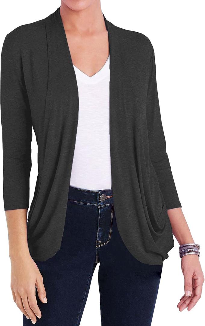 Women Casual Lightweight Cardigan 3/4 Sleeve Draped Open Front Soft Cardigans with Pockets (Gray, S)