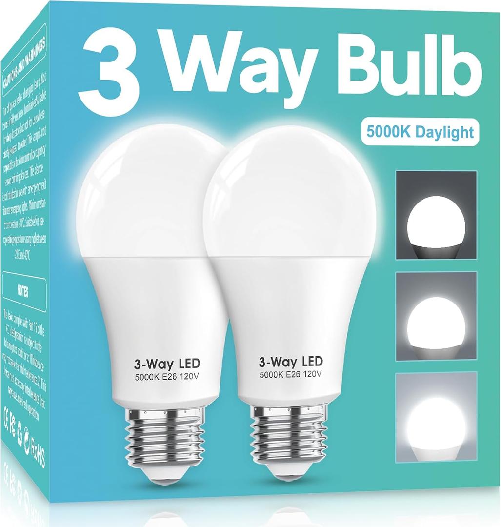 3 Way LED Light Bulbs 50 100 150W Equivalent, Daylight White 5000K 3 Way Light Bulbs, A19 Three-Way Light Bulb,E26 Base LED Light Bulb for Reading,Living Room-2 Pack