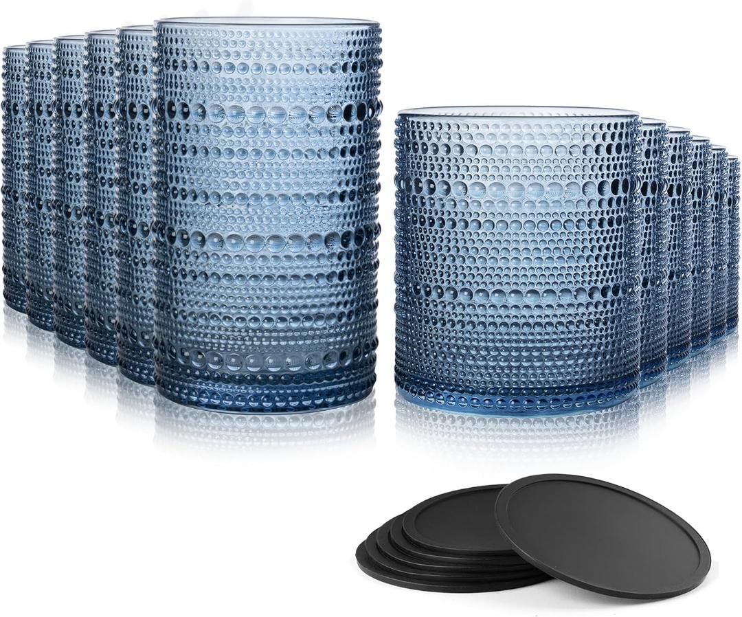 Hobnail Drinking Glasses Set of 12 Count, Vintage Glassware, Old Fashioned Glasses, 6 Highball Bubble Drinking Cups 14.5 oz, 6 Rocks Cups 10 oz with 6 Silicone Coasters, Blue