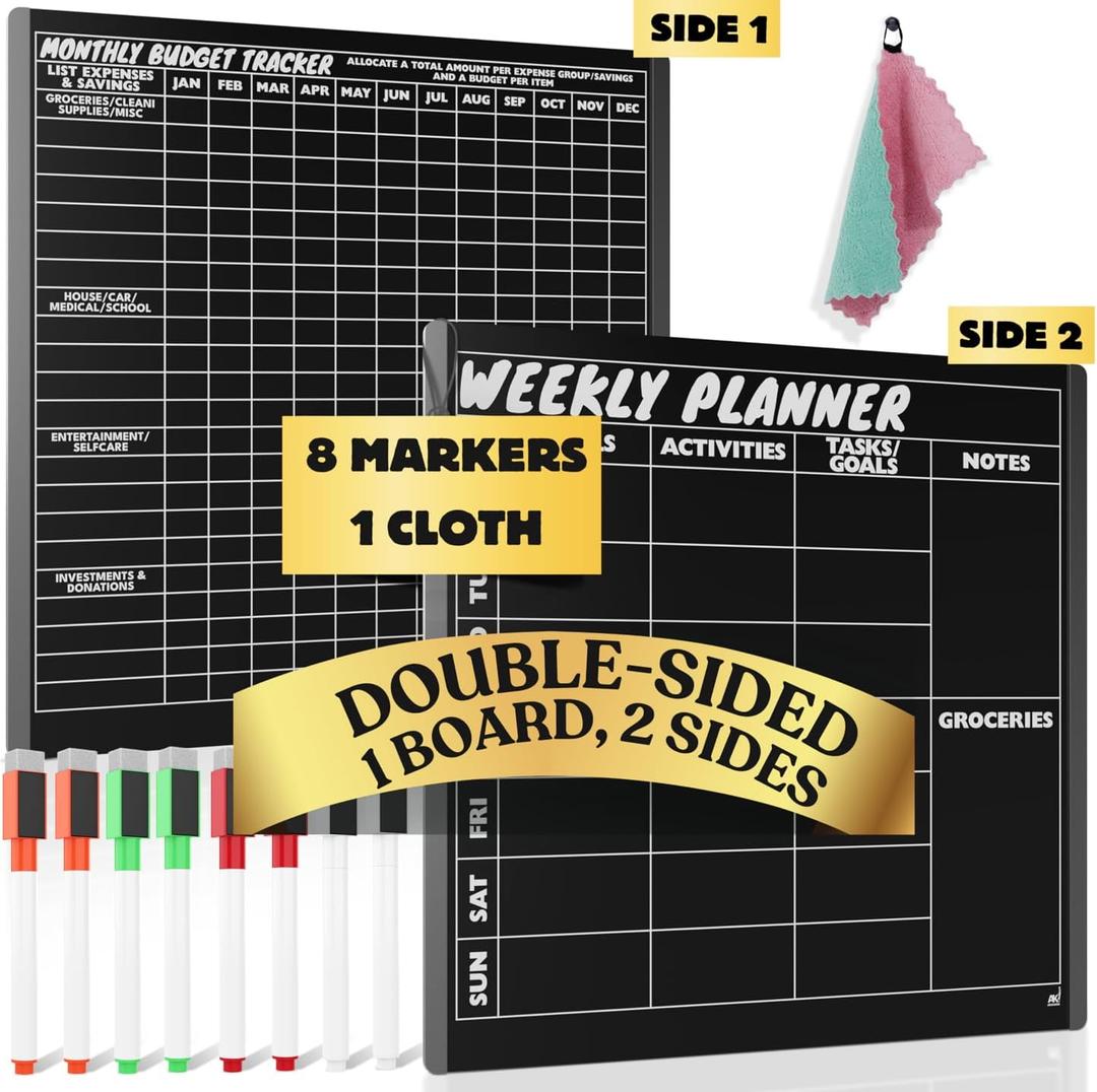 Double-Sided Magnetic Weekly Planner for Fridge with Monthly Budget Chart - Weekly Magnetic Calendar for Refrigerator and Monthly Bills Board - Easy to Use with Scratch-Free Magnetic Strips