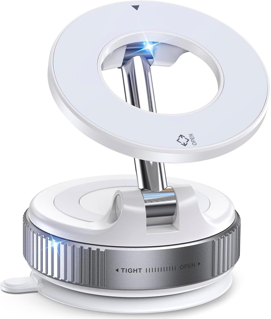 Vacuum Magnetic Phone Holder, Suction Cup Phone Mount for Magsafe, 360 Adjustable Magnetic Phone Holder, Pocket Size Foldable Phone Holders for Your Car for All Smartphones, White