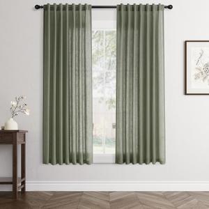 Olive Green Linen Curtains 64 inch Length 2 Panels Set Modern Farmhouse Living Room Drapes Light Filtering Rod Pocket Back Tab Filtering Privacy Semi Sheer Curtain 64 inches Long
