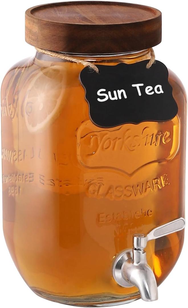 1 Gallon Drink Dispenser with Spigot 18/8 Stainless Steel  Airtight & Leakproof Glass Sun Tea Jar with Anti-Rust Lids, Beverage Dispenser for Parties (Single)